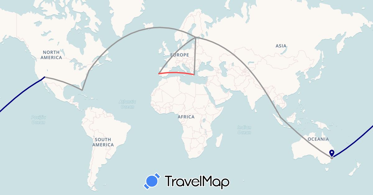 TravelMap itinerary: driving, plane, hiking in Australia, Finland, Greece, Portugal, Singapore, United States (Asia, Europe, North America, Oceania)